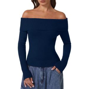 imageQINSEN Cotton Off The Shoulder Sweater for Women Long Sleeve Ribbed Knit Pullover Sweater Slim Fit Going Out TopsNavy
