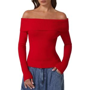 imageQINSEN Cotton Off The Shoulder Sweater for Women Long Sleeve Ribbed Knit Pullover Sweater Slim Fit Going Out TopsRed