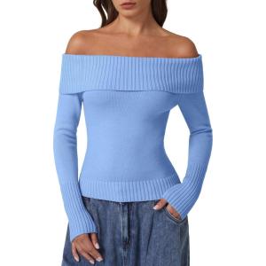 imageQINSEN Cotton Off The Shoulder Sweater for Women Long Sleeve Ribbed Knit Pullover Sweater Slim Fit Going Out TopsSky Blue