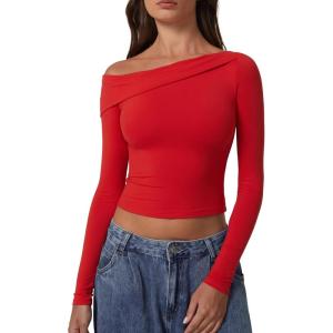 imageQINSEN Women Long Sleeve Off Shoulder Tops Trendy Double Lined Going Out Shirt for FallRed