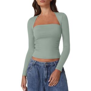 imageQINSEN Womens Square Neck Long Sleeve Tops Double Lined Slim Fit Going Out Tee Shirt Crop TopGreen