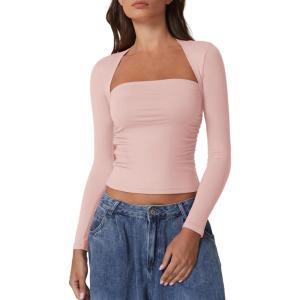imageQINSEN Womens Square Neck Long Sleeve Tops Double Lined Slim Fit Going Out Tee Shirt Crop TopPeach