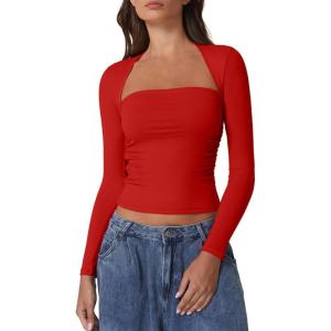 imageQINSEN Womens Square Neck Long Sleeve Tops Double Lined Slim Fit Going Out Tee Shirt Crop TopRed