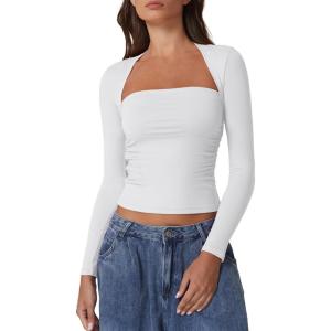 imageQINSEN Womens Square Neck Long Sleeve Tops Double Lined Slim Fit Going Out Tee Shirt Crop TopWhite