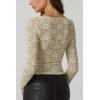 imageQINSEN Chic Floral Lace Crop Tops for Women Slim Fit Long Sleeve Square Neck Crop Tops Basic Going Out ShirtsKhaki
