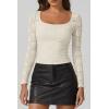 imageQINSEN Chic Floral Lace Crop Tops for Women Slim Fit Long Sleeve Square Neck Crop Tops Basic Going Out ShirtsOffwhite