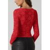 imageQINSEN Chic Floral Lace Crop Tops for Women Slim Fit Long Sleeve Square Neck Crop Tops Basic Going Out ShirtsRed