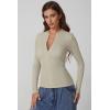imageQINSEN Long Sleeve Shirts for Women Crewneck Half Zipper Ribbed Knit Going Out Tops Full Length Basic TeeTurner Taupe