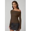 imageQINSEN Womens Asymmetrical Neck Sweater Slim Fit Long Sleeve Knit Pullover TopBrown