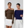 imageQINSEN Womens Asymmetrical Neck Sweater Slim Fit Long Sleeve Knit Pullover TopBrown