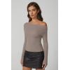 imageQINSEN Womens Asymmetrical Neck Sweater Slim Fit Long Sleeve Knit Pullover TopKhaki
