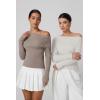 imageQINSEN Womens Asymmetrical Neck Sweater Slim Fit Long Sleeve Knit Pullover TopKhaki