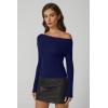 imageQINSEN Womens Asymmetrical Neck Sweater Slim Fit Long Sleeve Knit Pullover TopNavy Blue