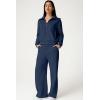 imageQINSEN Womens Cotton 2 Piece Outfits Lapel Long Sleeve Zip Up Sweatshirt Wide Leg Pants Matching Tracksuit SetsNavy Blue