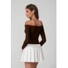 imageQINSEN Womens Lace Trim Off Shouder Top Long Sleeve Double Lined Y2k Trendy T ShirtsChestnut Brown