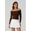 imageQINSEN Womens Lace Trim Off Shouder Top Long Sleeve Double Lined Y2k Trendy T ShirtsChestnut Brown