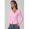 imageQINSEN Womens Long Sleeve Ribbed Crewneck Shirts Upper Button Fastening Going Out TopsPink