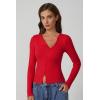 imageQINSEN Womens Long Sleeve Ribbed Crewneck Shirts Upper Button Fastening Going Out TopsRed