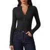 imageQINSEN Button Down Shirts for Women V Neck Long Sleeve Ribbed Knit Slim Fit Basic Tee TopsBlack