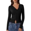 imageQINSEN Womens Long Sleeve Ribbed Crewneck Shirts Upper Button Fastening Going Out TopsBlack
