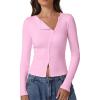 imageQINSEN Womens Long Sleeve Ribbed Crewneck Shirts Upper Button Fastening Going Out TopsPink