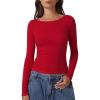 imageQINSEN Womens Long Sleeve T Shirts Crewneck Tight Fitted Rib Knit Y2k Casual Tee TopsRed