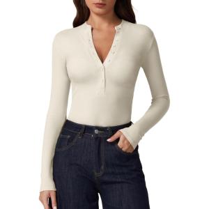 imageQINSEN Button Down Shirts for Women V Neck Long Sleeve Ribbed Knit Slim Fit Basic Tee TopsBeige