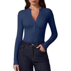 imageQINSEN Button Down Shirts for Women V Neck Long Sleeve Ribbed Knit Slim Fit Basic Tee TopsEstate Blue