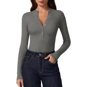 imageQINSEN Button Down Shirts for Women V Neck Long Sleeve Ribbed Knit Slim Fit Basic Tee TopsGray