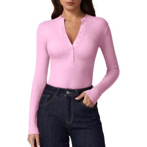 imageQINSEN Button Down Shirts for Women V Neck Long Sleeve Ribbed Knit Slim Fit Basic Tee TopsPink