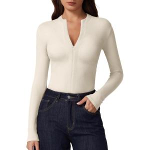 imageQINSEN Long Sleeve Shirts for Women Crewneck Half Zipper Ribbed Knit Going Out Tops Full Length Basic TeeBeige