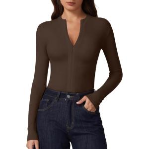 imageQINSEN Long Sleeve Shirts for Women Crewneck Half Zipper Ribbed Knit Going Out Tops Full Length Basic TeeBrown
