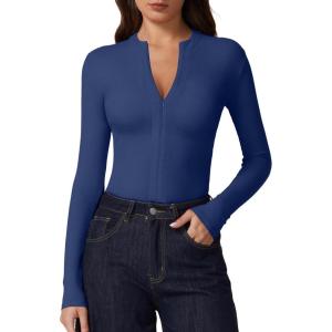 imageQINSEN Long Sleeve Shirts for Women Crewneck Half Zipper Ribbed Knit Going Out Tops Full Length Basic TeeNavy Blue