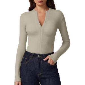 imageQINSEN Long Sleeve Shirts for Women Crewneck Half Zipper Ribbed Knit Going Out Tops Full Length Basic TeeTurner Taupe