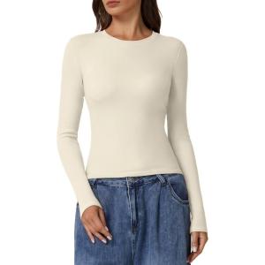 imageQINSEN Long Sleeve Shirts for Women Crewneck Rib Knit Slim Fit Going Out Tops Casual Basic TeeBeige