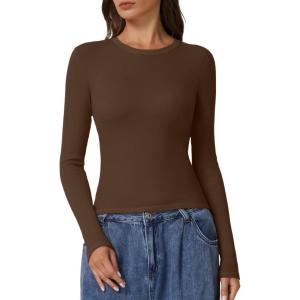 imageQINSEN Long Sleeve Shirts for Women Crewneck Rib Knit Slim Fit Going Out Tops Casual Basic TeeChestnut