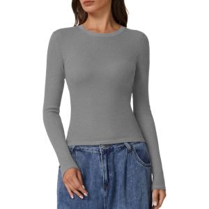 imageQINSEN Long Sleeve Shirts for Women Crewneck Rib Knit Slim Fit Going Out Tops Casual Basic TeeGrey