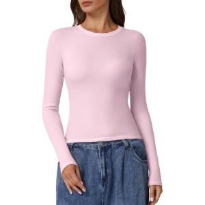 imageQINSEN Long Sleeve Shirts for Women Crewneck Rib Knit Slim Fit Going Out Tops Casual Basic TeePink