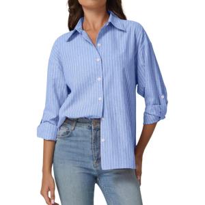 imageQINSEN Oversized Button Down Shirts for Women Long Sleeve Striped Casual Blouse Cotton TopsBlue