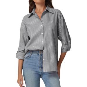 imageQINSEN Oversized Button Down Shirts for Women Long Sleeve Striped Casual Blouse Cotton TopsDove