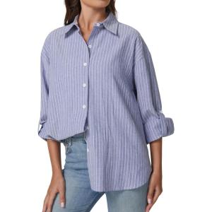 imageQINSEN Oversized Button Down Shirts for Women Long Sleeve Striped Casual Blouse Cotton TopsIndigo