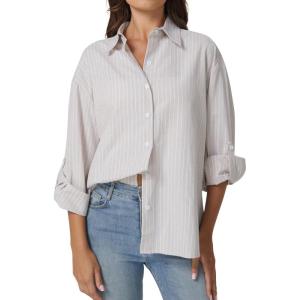 imageQINSEN Oversized Button Down Shirts for Women Long Sleeve Striped Casual Blouse Cotton TopsKhaki