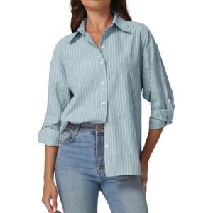 imageQINSEN Oversized Button Down Shirts for Women Long Sleeve Striped Casual Blouse Cotton TopsLight Blue