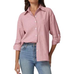 imageQINSEN Oversized Button Down Shirts for Women Long Sleeve Striped Casual Blouse Cotton TopsReddish