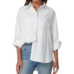 imageQINSEN Oversized Button Down Shirts for Women Long Sleeve Striped Casual Blouse Cotton TopsWhite