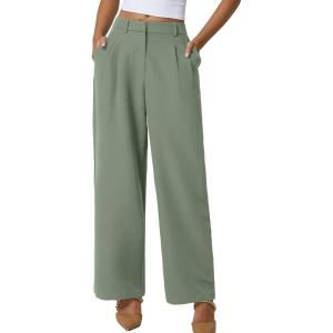 imageQINSEN Wide Leg Dress Pants for Women High Waisted Wrinkle Free Work Pants with Pockets Casual SlackGreen