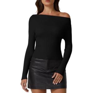 imageQINSEN Womens Asymmetrical Neck Sweater Slim Fit Long Sleeve Knit Pullover TopBlack