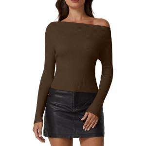 imageQINSEN Womens Asymmetrical Neck Sweater Slim Fit Long Sleeve Knit Pullover TopBrown