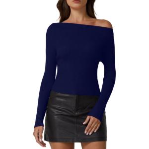 imageQINSEN Womens Asymmetrical Neck Sweater Slim Fit Long Sleeve Knit Pullover TopNavy Blue