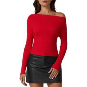 imageQINSEN Womens Asymmetrical Neck Sweater Slim Fit Long Sleeve Knit Pullover TopRed